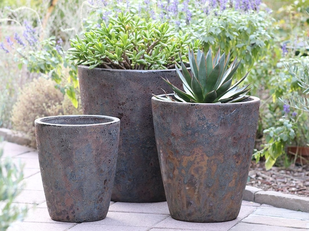EXTRA LARGE BUCKET PLANTER, CORAL RUST, SET OF 3- 22.0"X23.0", 17.5"X19.5", 13.5"X15.5"