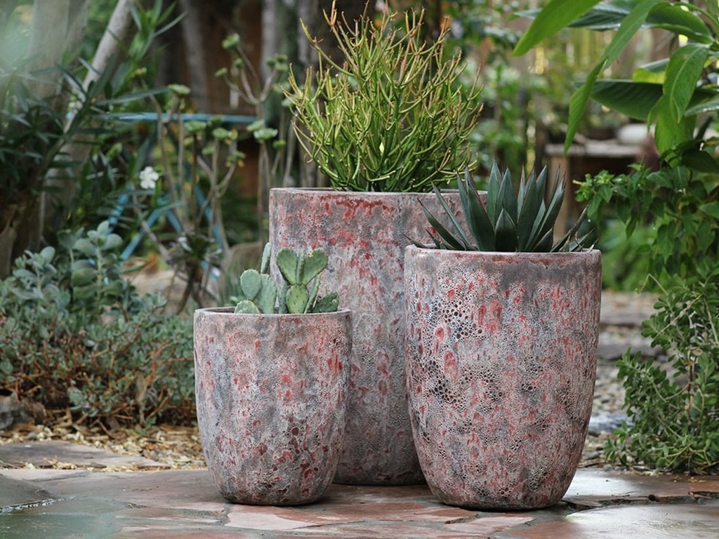 [PV-CG849CRR-S3] TALL MILANO CONE PLANTERS, CORAL RED REEF, SET OF 3- 17"X23", 13"X18", 11"X14