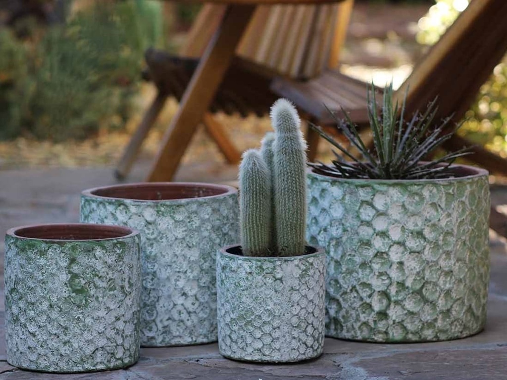 [PV-CGT2628AGG-S4] CYLINDER HEXAGON PLANTER, AEGEAN GREEN, SET OF 4- 12.5" X 10.5", 10.5" X 9.5", 9.5" X 8.0", 7.0" X 6.5"