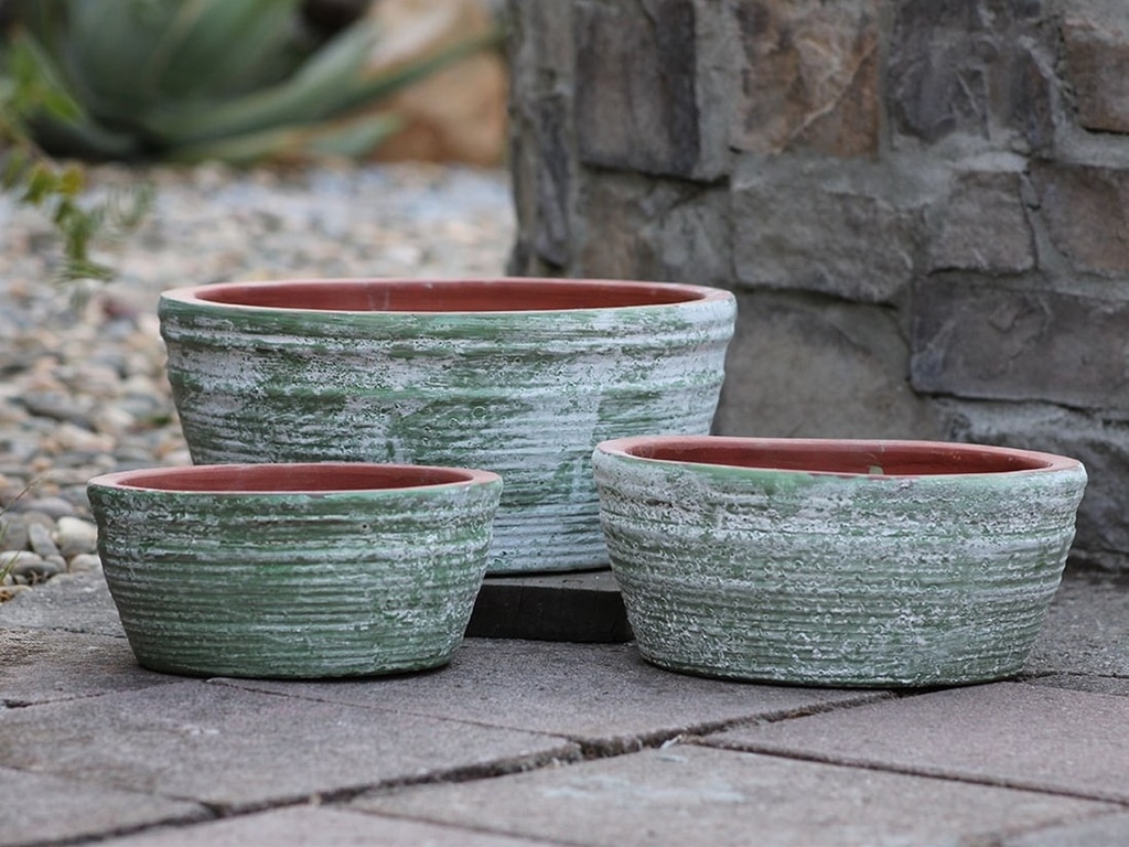 [PV-CGT3001AGG-S3] ENGLISH TUMBLED POTS LOW, AEGEAN GREEN, SET OF 3- 15.0" X 7.0", 13.0" X 6.0", 10.0" X 4.5"