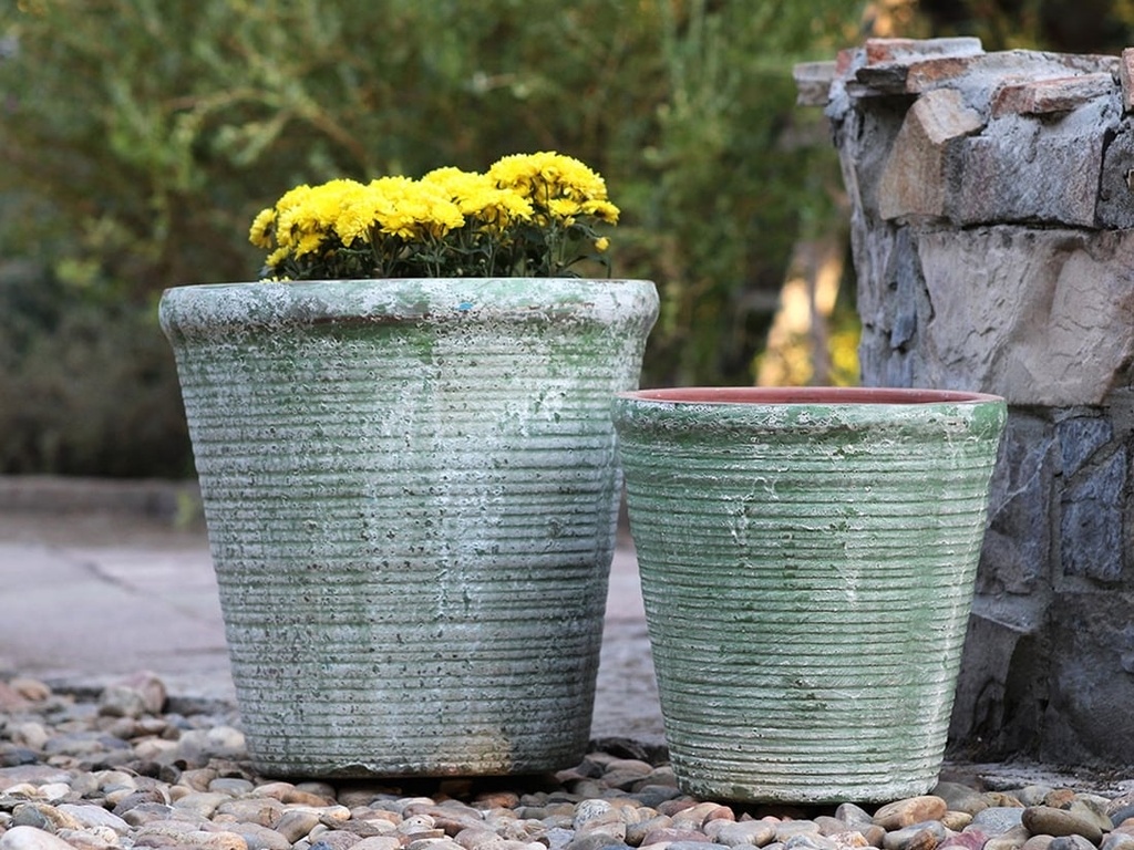 [PV-CGT3002AGG-S2] ENGLISH TUMBLED POTS MEDIUM, AEGEAN GREEN, SET OF 2 - 15.0" X 14.0", 11.0" X 11.0"