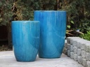 TALL BARREL  PLANTERS, FALLING AQUA, SET OF 2 - 22"X32.5", 18"X26"