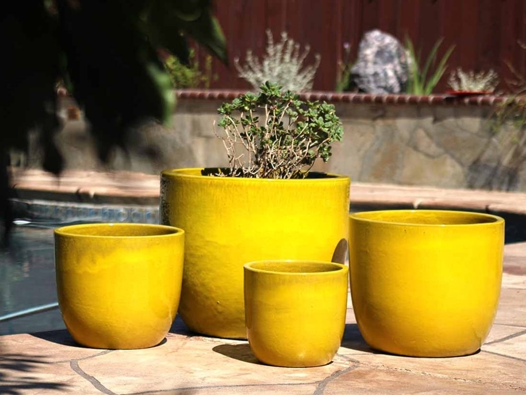 EGG SHELL POTS, CANARY YELLOW, SET OF 4 - 22.5" X 18.0", 17.5" X 15.0", 14.0" X 12.0", 11.5" X 12.0"