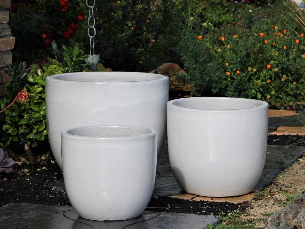 [PV-LB515WWH-S3] EGG SHELL POTS, WHITE WHITE, SET OF 3 - 17.0" X 15.0", 14.0" X 12.5", 11.5" X 12.0"