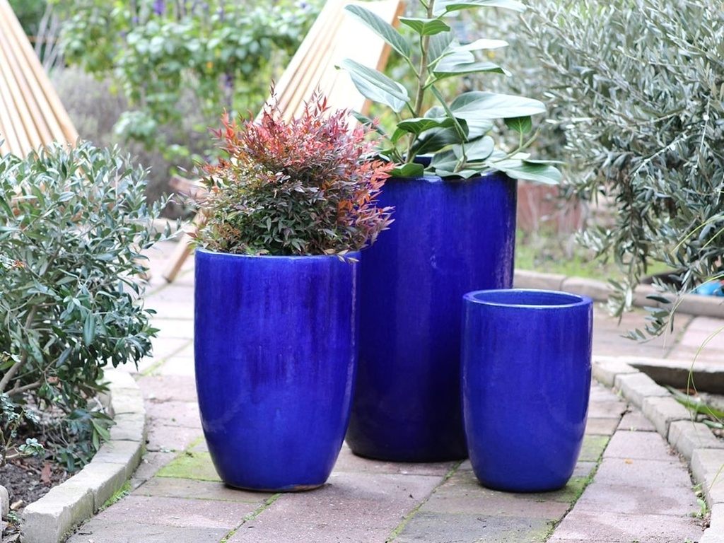 [PV-LB5208FB-S3] MID HEIGHT BARREL PLANTER, FALLING BLUE, SET OF 3- 18.0"x26.0", 14.0"x20.5", 11.5"x16.5"