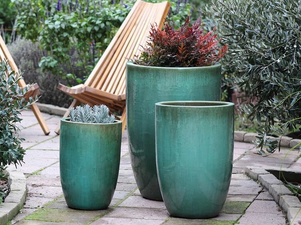 MID HEIGHT BARREL PLANTER, GREEN STREAM, SET OF 3-  18.0"x26.0", 14.0"x20.5", 11.5"x16.5"