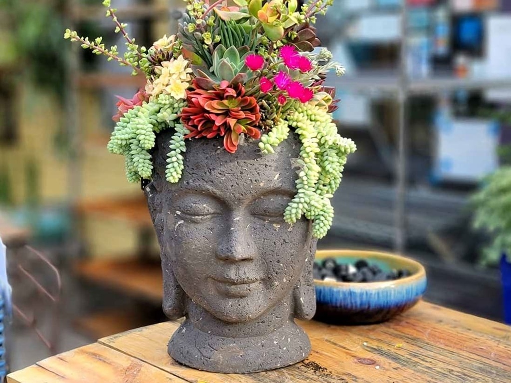 [PV-LBST07SB-B] MEDIUM BUDDHA HEAD PLANTER, STONE BROWN, SIZE B, 13.0"X17.5"