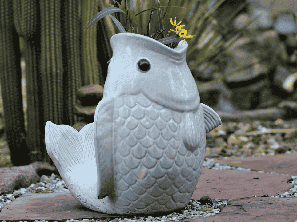 [PV-LBST11WNS-B] LEAPING CARP, WHITE NATURE STONE 14.5"X14.5"X15"