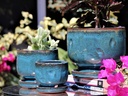 FINGER POT WITH ATTACHED SAUCERS, TURQUOISE BLUE, SIZE B, 5.5"x5.0"4.5" (SOLD IN CASE OF 6)
