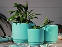 LARGE COMET PLANTER  WITH ATTACHED SAUCER, AQUAMARINE SATIN, SET OF 3- 12"X10" 10"X8.5" 8"X8"