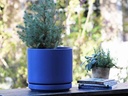 MID MODERN PLANTER WITH DETACHED SAUCER, NAVY BLUE  SATIN, 14.0"X12.0", 14.0"X2.5"