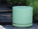 MID MODERN PLANTER WITH DETACHED SAUCER, TEA GREEN SATIN, 10.0"X9.0", 10.0"X2.0"