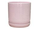 DOTTED CYLINDER PLANTER WITH ATTACHED SAUCER, PASTEL BABY PINK, 7.0"x 7.5", SOLD IN CASE OF 6