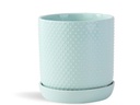 DOTTED CYLINDER PLANTER WITH ATTACHED SAUCER, PASTEL GREEN, 9.0"x 9.5", SOLD IN CASE OF 4