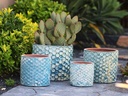 CYLINDER HEXAGON PLANTER, AEGEAN BLUE, SET OF 4- 12.5" X 10.5", 10.5" X 9.5", 9.5" X 8.0", 7.0" X 6.5"