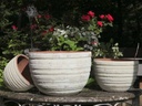 TUSCAN VILLAGE HAND THROWN RIBBED BOWLS, ATLANTIS SKY, SET OF 3 - 14.5"X10", 11"X75", 8.5"X6.5"